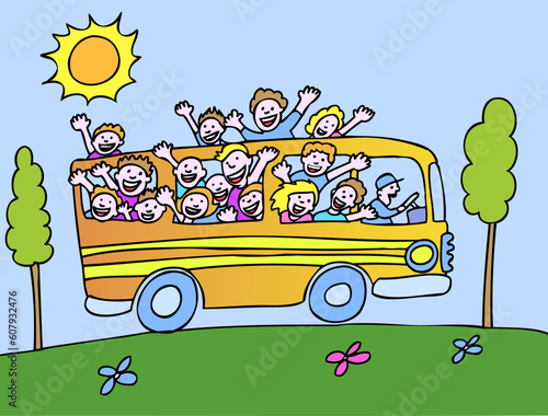 Kids taking a fun bus ride tour on a beautiful day.