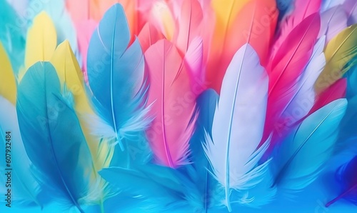  a group of colorful feathers sitting on top of a blue table top next to each other on a blue table top with a blue background.  generative ai