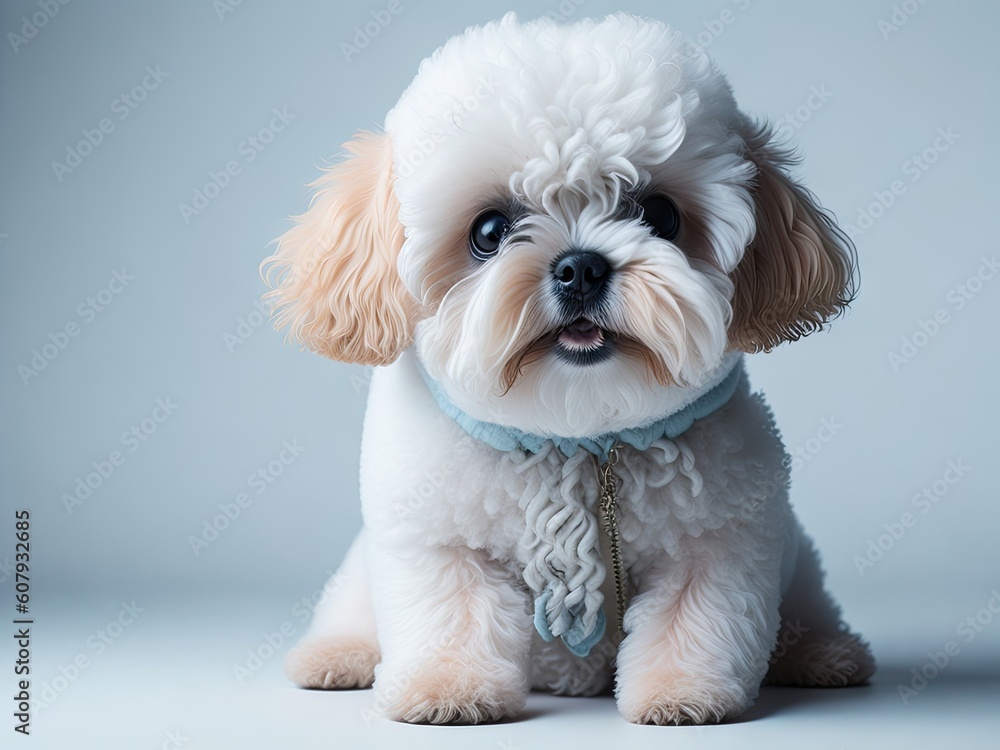 Funny cute Bichon Frize dog sit on soft pastel background. ai generative Funny cute Bichon Frize dog sit on soft pastel background. ai generative