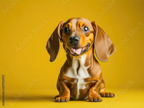 Funny cute dachshund dog sit on soft yellow background. ai generative