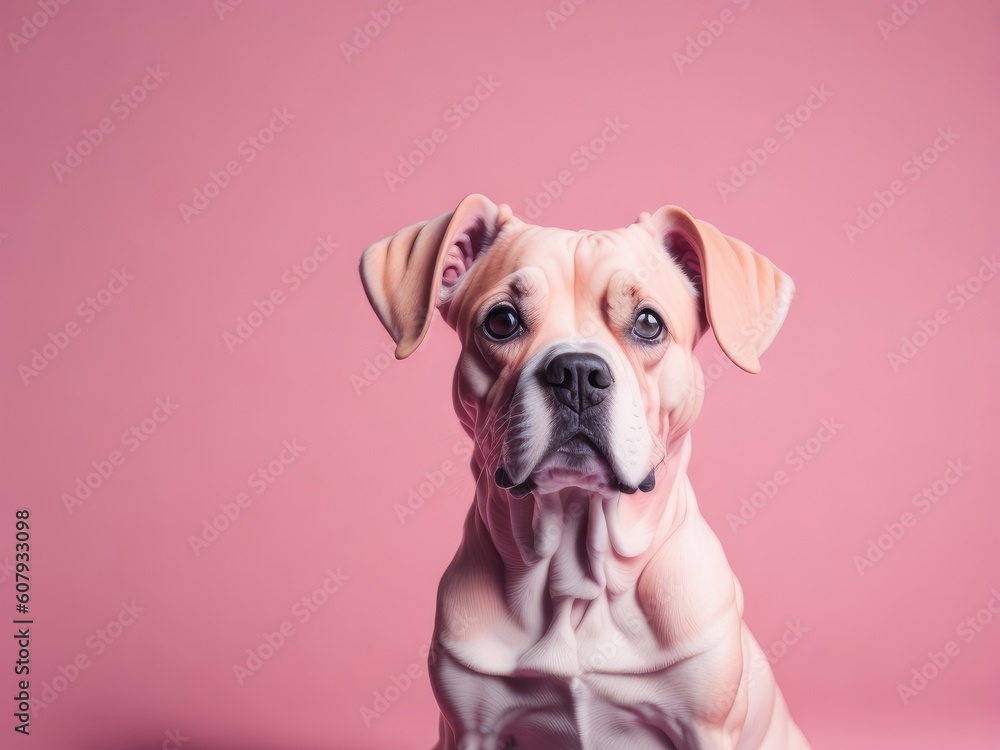 Funny cute york dog on soft pastel pink background. ai generative