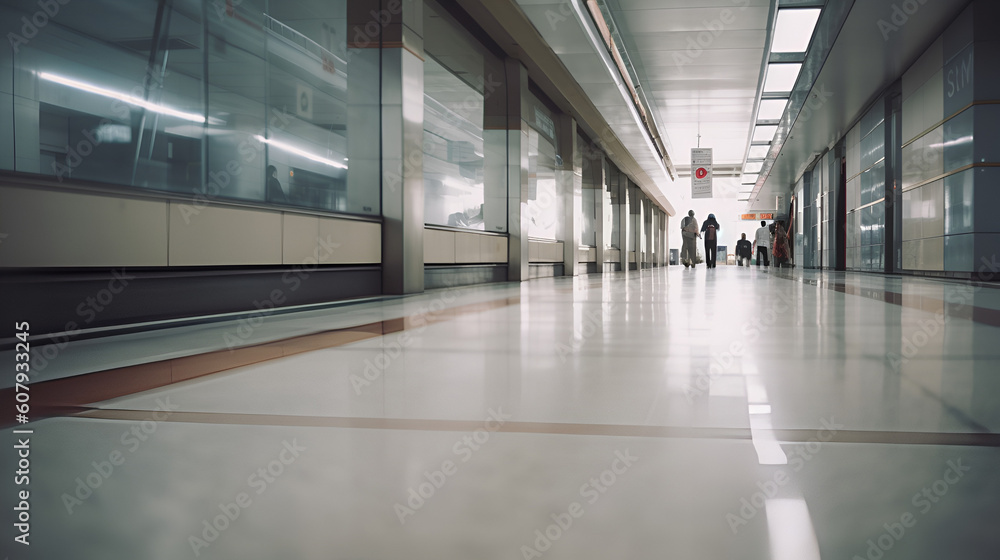Blurred picture of people walking in empty public transportation hall