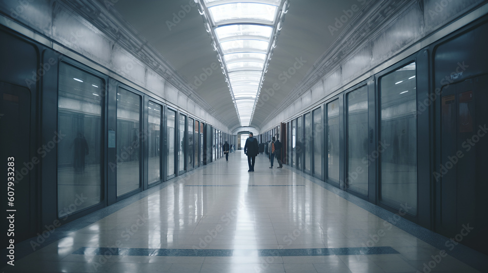 Fototapeta premium Blurred picture of people walking in empty public transportation hall