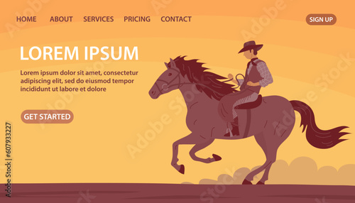 Cowboy in a hat rides a horse. Agile man swinging rope lasso. Wild West, western, rodeo and horse racing. Design for poster, banner, website. Cartoon vector illustration