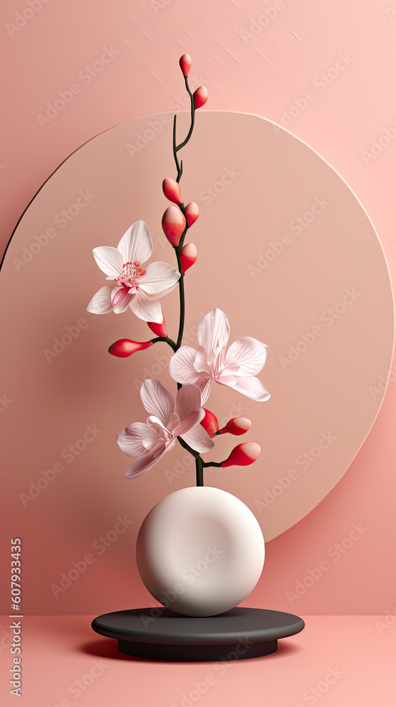 ikebana com cor de fundo cor de rosa. composição detalhada e hiper-realista. Minimalismo. gerado IA ikebana com cor de fundo cor de rosa. composição detalhada e hiper-realista. Minimalismo. gerado IA