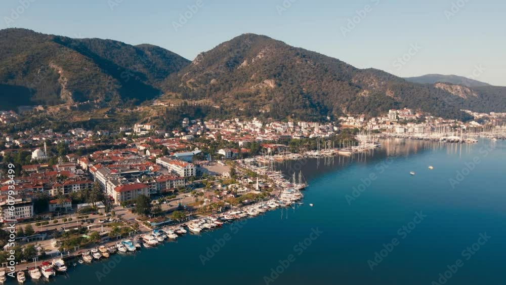 Established aerial view of touristic town Fethiye in Turkey on Aegean sea Established aerial view of touristic town Fethiye in Turkey on Aegean sea