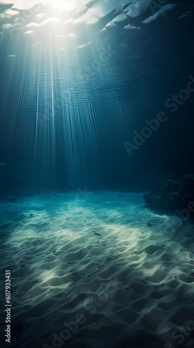 Empty blue underwater with sunlight shine to sand sea floor, deep ocean © StockSavant