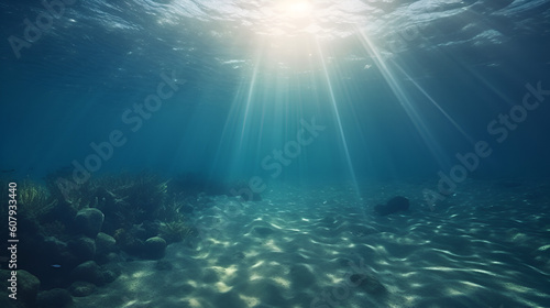 Empty blue underwater with sunlight shine to sand sea floor, deep ocean © StockSavant
