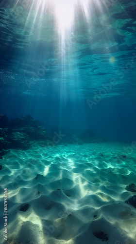 Empty blue underwater with sunlight shine to sand sea floor, deep ocean