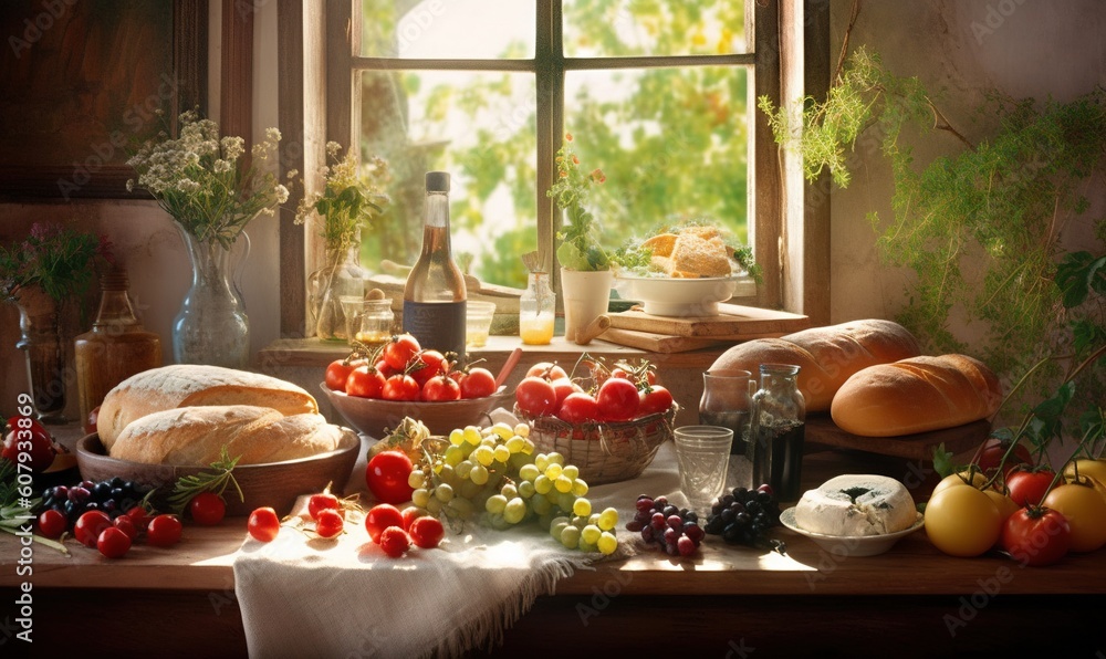 a painting of a table with bread, tomatoes, grapes, and other foods on it, with a bottle of wine in the background. generative ai a painting of a table with bread, tomatoes, grapes, and other foods on it, with a bottle of wine in the background. generative ai