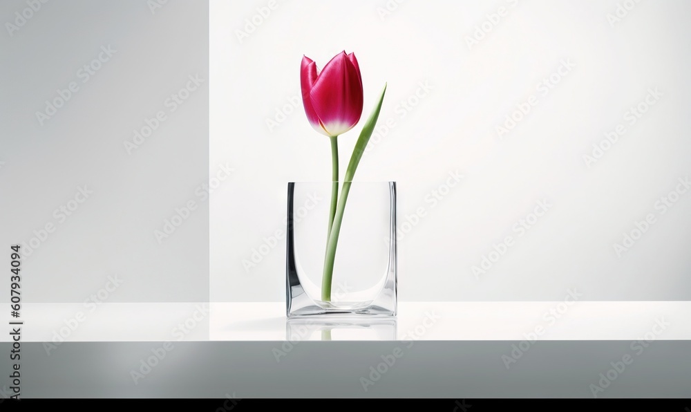 a single pink tulip in a glass vase on a white table top with a reflection of the wall in the back ground of the picture. generative ai a single pink tulip in a glass vase on a white table top with a reflection of the wall in the back ground of the picture. generative ai