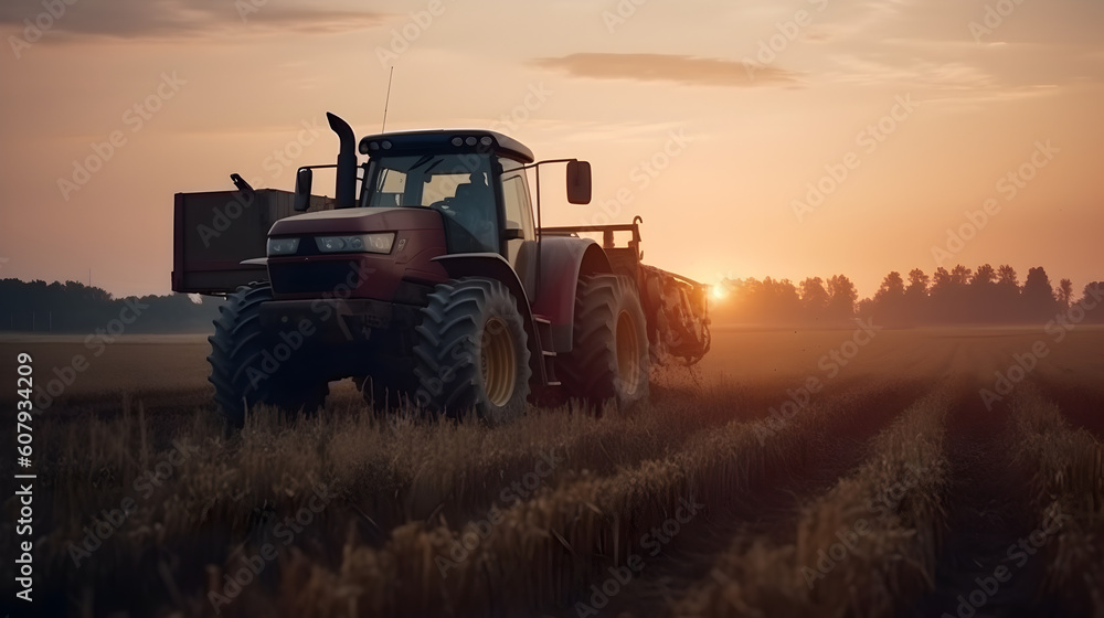 Fototapeta premium Modern tractor working in a field at sunset, machinery for agriculture harvesting