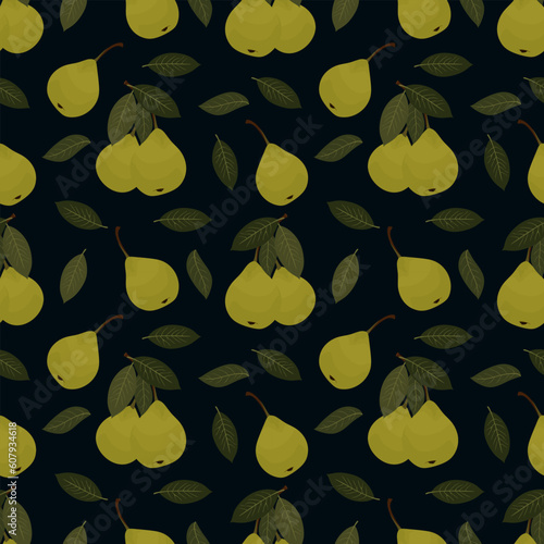 Seamless pattern with pear fruits. Fruit tree branch of pears on dark blue background. Endless texture healthy, fresh and sweet pear. Branch with pears and leaves. Colorful Vector illustration