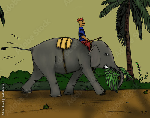 Elephant and it’s mahout cartoon art. photo