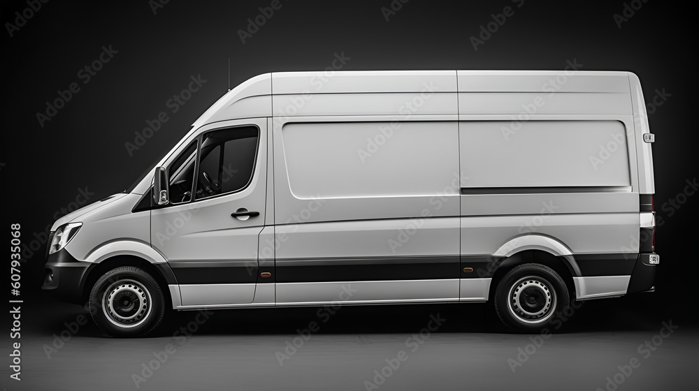 Clean blank white delivery van isolated on empty background, side view of plain car cargo carrier with large space for design, transportation logistics mockup