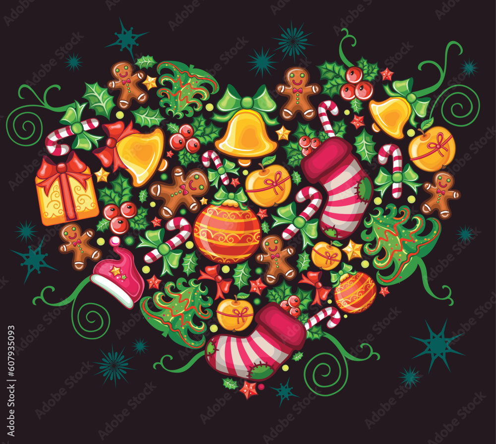 Different types of Christmas design elements combined in a shape of a heart.