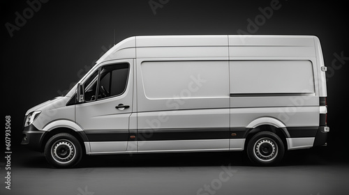 Clean blank white delivery van isolated on empty background, side view of plain car cargo carrier with large space for design, transportation logistics mockup