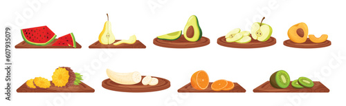 Ripe and Juicy Fruits Rested on Wooden Cutting Board Showing Sweet Flesh with Seed Vector Set