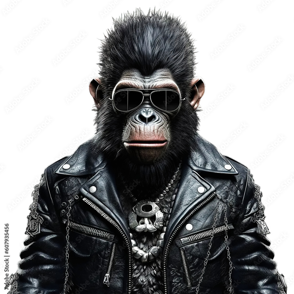 Illustration of a gorilla dressed as a rock musician with a leather jacket, sunglasses and colored hair. Generative ai Illustration of a gorilla dressed as a rock musician with a leather jacket, sunglasses and colored hair. Generative ai