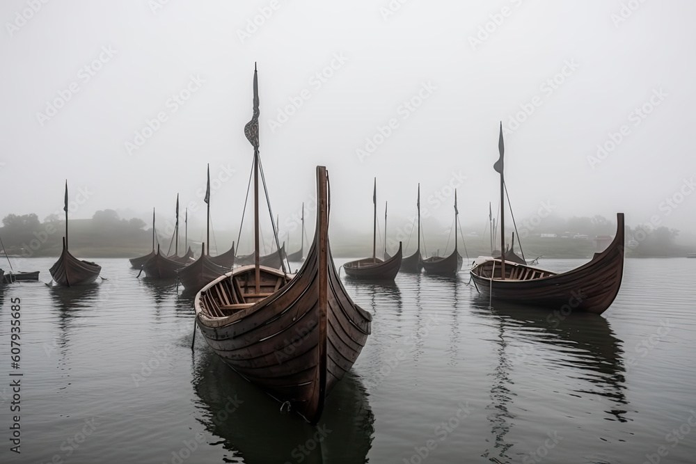 Viking ships docking in the harbour in the foggy morning. Wooden boats of the Vikings tray to setting out to conquer. generative ai. Viking ships docking in the harbour in the foggy morning. Wooden boats of the Vikings tray to setting out to conquer. generative ai.