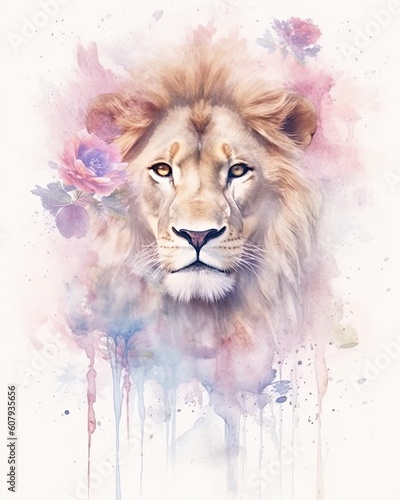 dreamlike watercolor lion print where the lion appears almost mystical. soft, pastel colors like lavender, blush pink, and pale blue to create a serene and otherworldly atmosphere © PinkiePie
