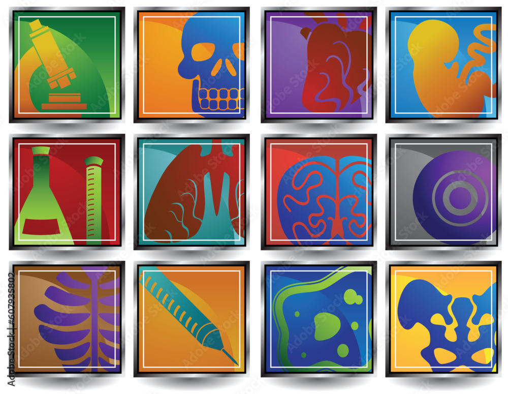 Set of 12 Biology Buttons - Square.