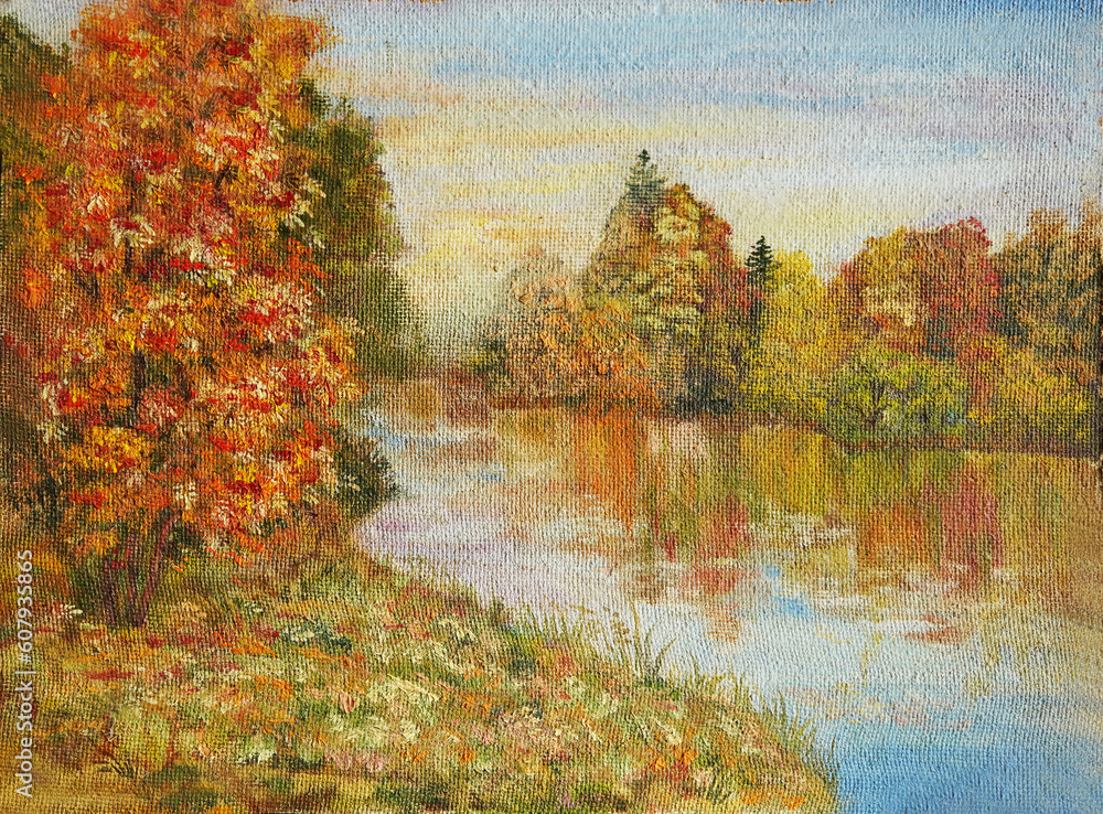 Obraz premium Autumn landscape oil painting impressionism modern.