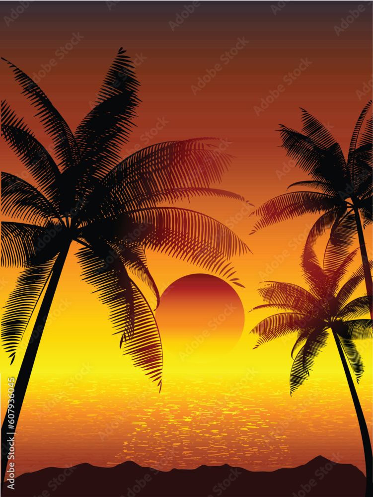 Tropical sunset with palm trees
