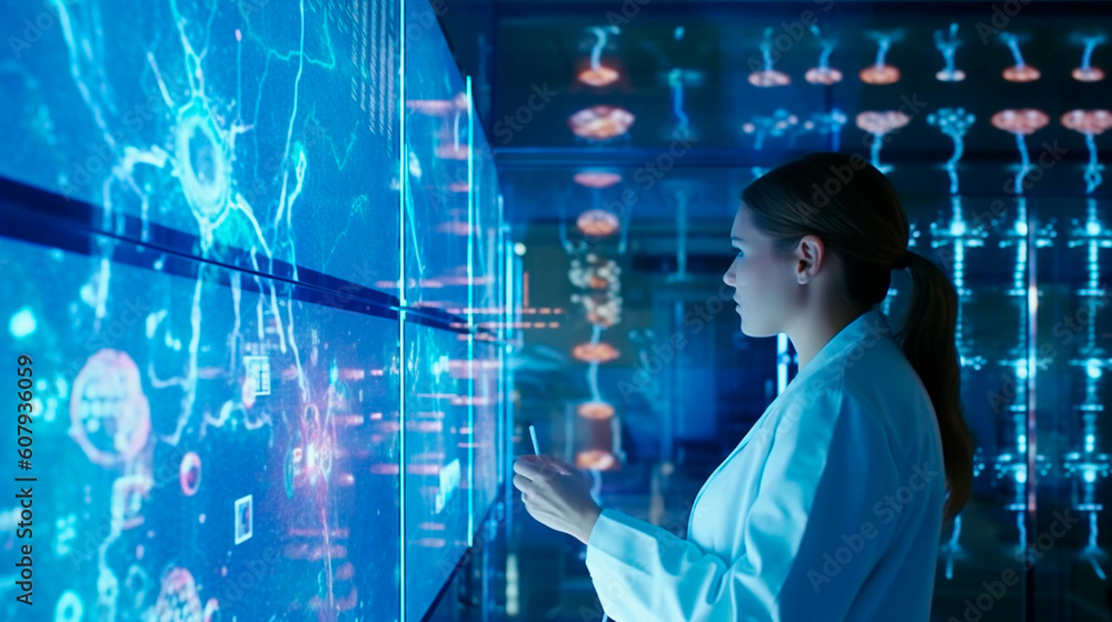 Scientist Examining DNA Sequencing Results in a Genetic Laboratory. Generative AI. Scientist Examining DNA Sequencing Results in a Genetic Laboratory. Generative AI.