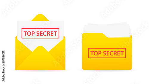 Top secret, secret, file. Document with files. Confidential, personal information. A folder with a red rubber stamp. Vector illustration