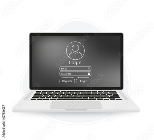 Login to the user interface on the laptop screen. Enter the web element template window. Business site modern UI. Member login Flat design. Registration. Username and password. Vector illustration