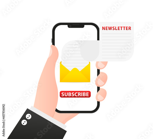 Subscribe to the newsletter online in the mobile application. Vector gradient illustration of a smartphone holding a man's hand with the new monthly text flying out of the screen. Vector illustration