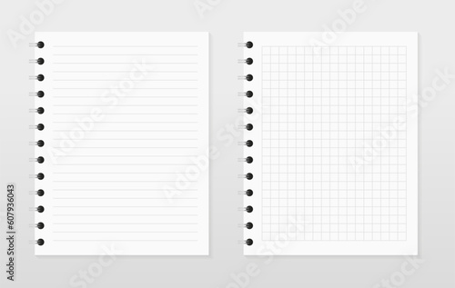 Realistic notebook cover mockup and paper pages with lines and grid. Sketchbook blank sheet. Dotted diary book. Notebook vector template set. Spiral open notepad. Vector illustration