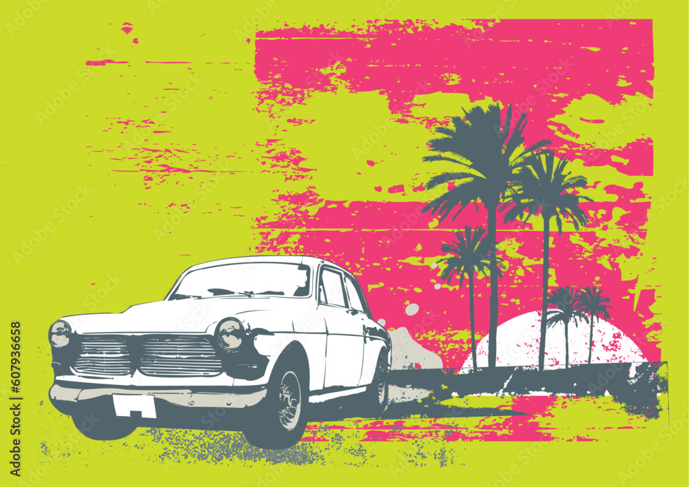 Vector illustration of vintage car on the beach with palms and sunset