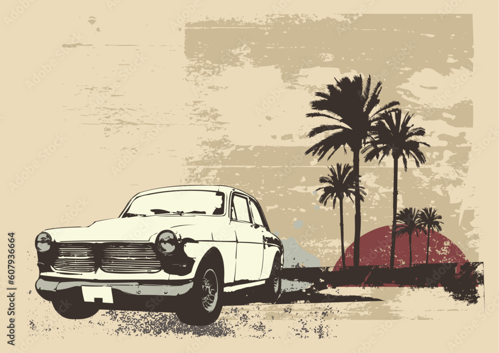 Vector illustration of vintage car on the beach with palms and sunset