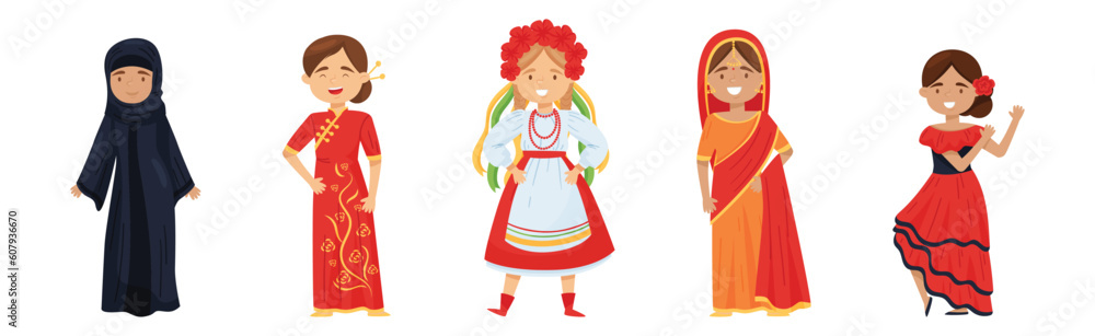 Girl Character Wearing Traditional Ethnic Clothing of Various Countries Vector Set