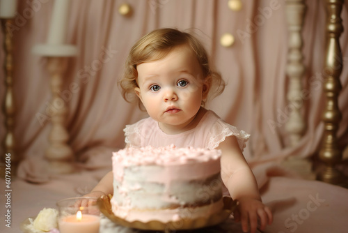 cute baby girl celebrates birthday one year, beautiful cake, in pastel pink. Generative AI