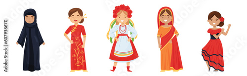 Girl Character Wearing Traditional Ethnic Clothing of Various Countries Vector Set
