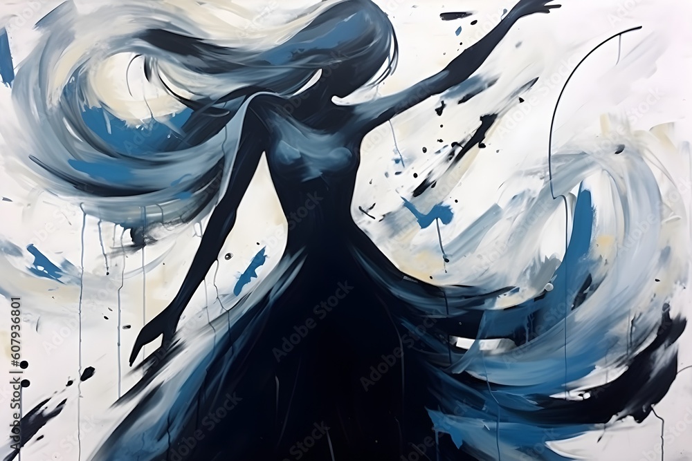 This vibrant acrylic painting captures the essence of a high-class woman, with her figure delicately portrayed and her hair swirling gracefully. Generative AI.
