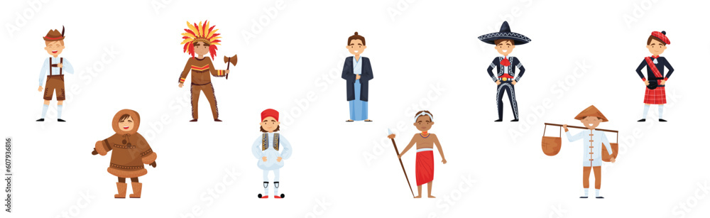 Boy Character Wearing Traditional Ethnic Clothing of Various Countries Vector Set