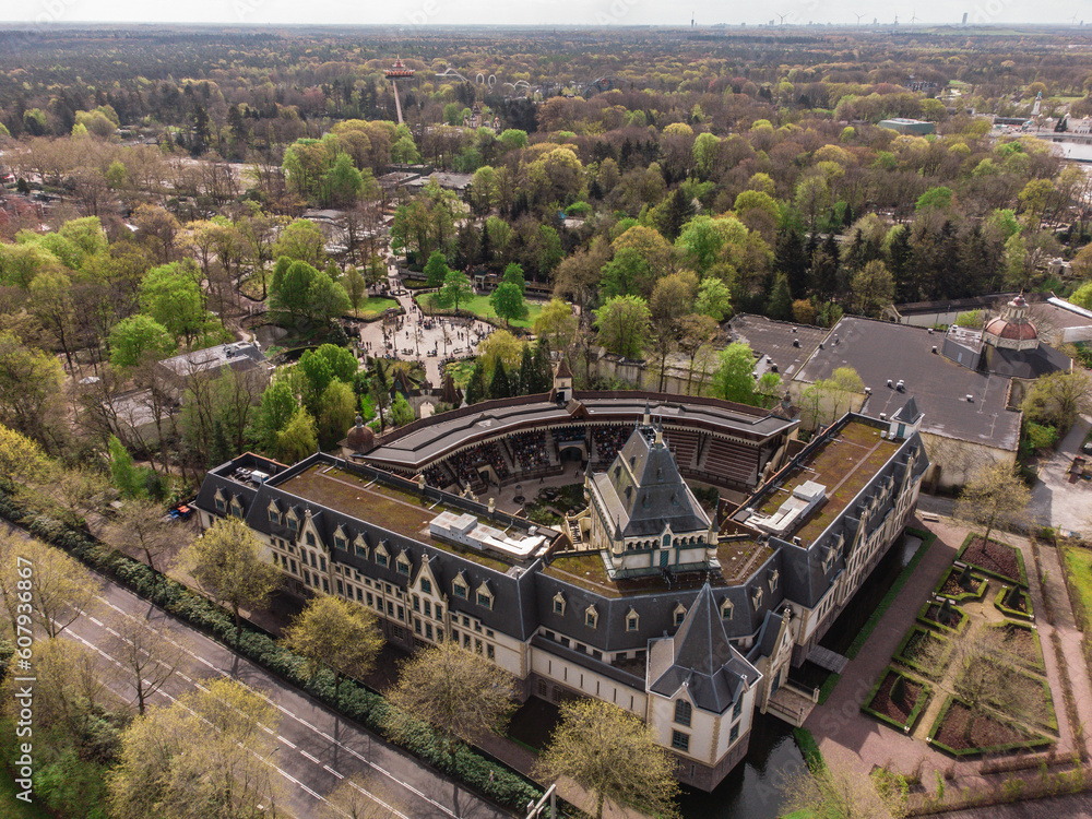 Naklejka premium A Bird's Eye View of Efteling Amusement Park in the Netherlands on a Cloudy Day