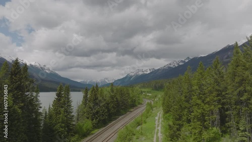 Rising above the Jasper railway to reveal the Canadian Rockies photo