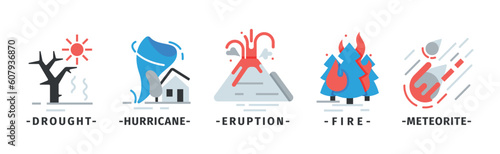 Natural Disaster Icons with Drought, Hurricane, Eruption, Fire and Meteorite Vector Set