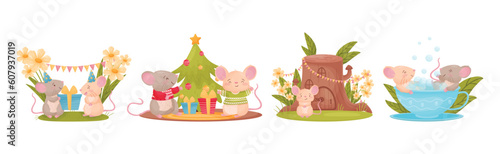 Cute Mouse Friends Character Engaged in Different Activity Vector Set