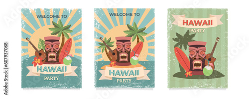 Design templates of retro poster invitations for hawaiian party. Vector illustration