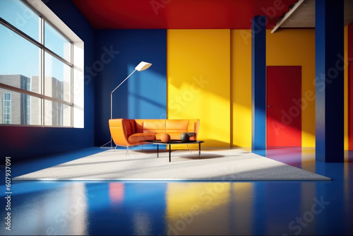 Modern orange couch, white lamps, red door in a colorful apartment with cobalt, yellow, red walls and blue floor. Sunlight, large windows. Bauhaus color style interior. 3d illustration, generative AI