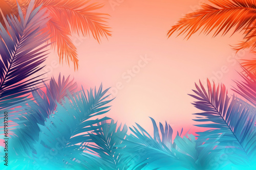 Palm tree background with pastel colors, blue and orange palm trees for design. Generative AI © mgogo