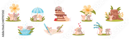 Cute Mouse Friends Character Engaged in Different Activity Vector Set