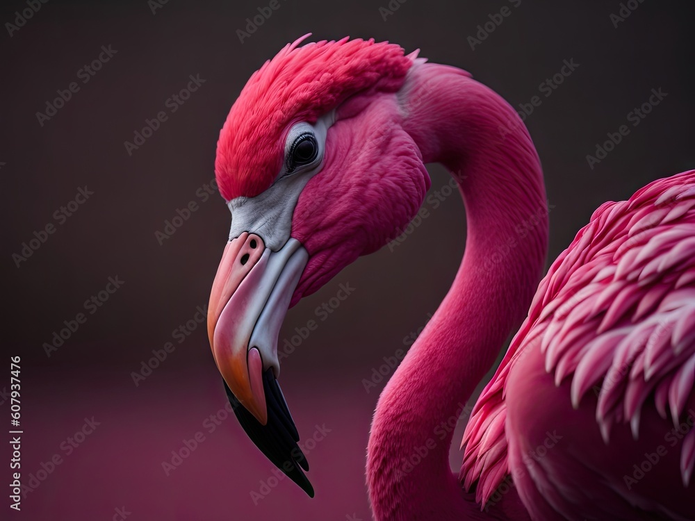 Naklejka premium Pink flamingo close up portrait. ai generative
