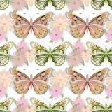 Seamless pattern with summer beautiful butterflies with watercolor flowers on white background. Decorative design wallpaper, packaging, brand, print, fabric, postcard. Vector illustration. 